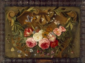 Composizione decorativa di natura morta con una ghirlanda di fiori